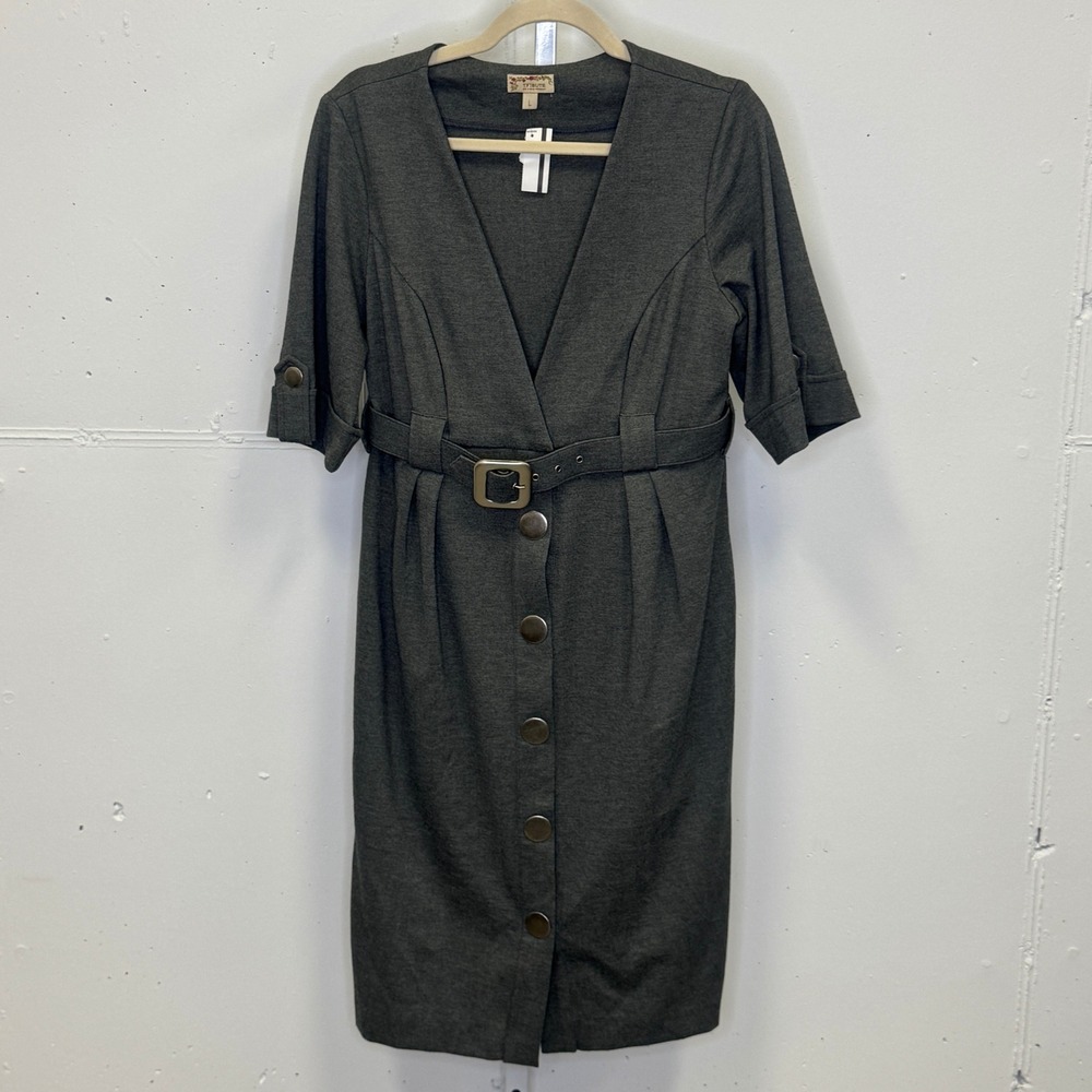 Tribute by Heni Neman Belted Sheath Knee Length‎ Dress V-Neck Career Snap Large